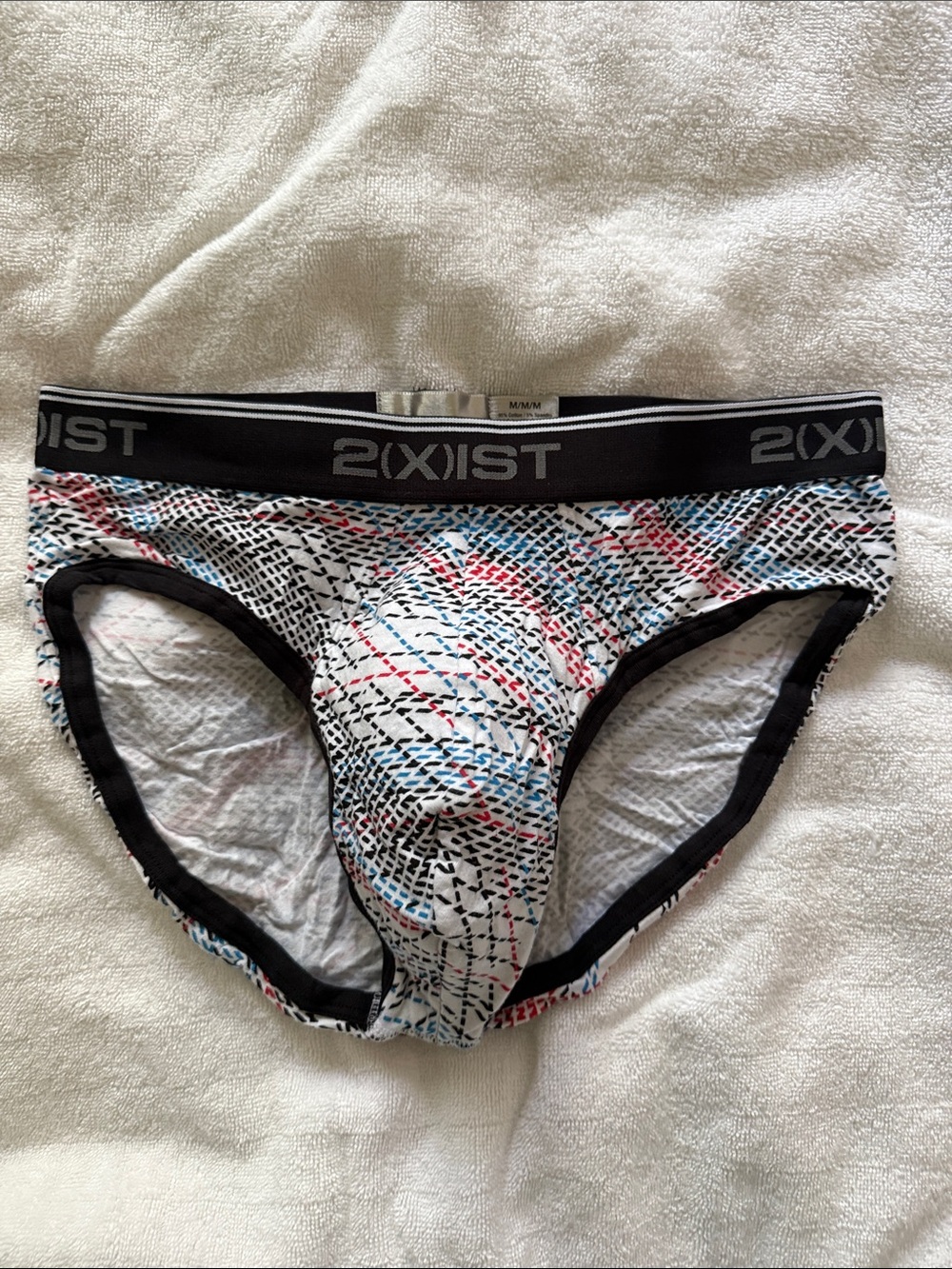 2xist Men’s White Briefs with Black Waistband and Multi-Color Print